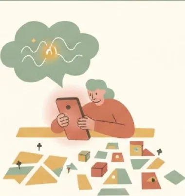 タブレットで謎を組み立てているイラスト