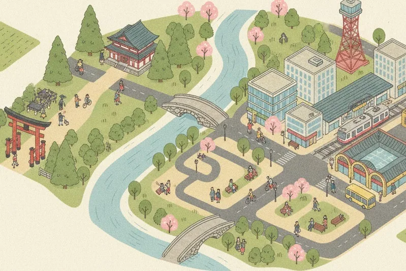 まちを歩いて謎解きを楽しむ人たちのイラスト