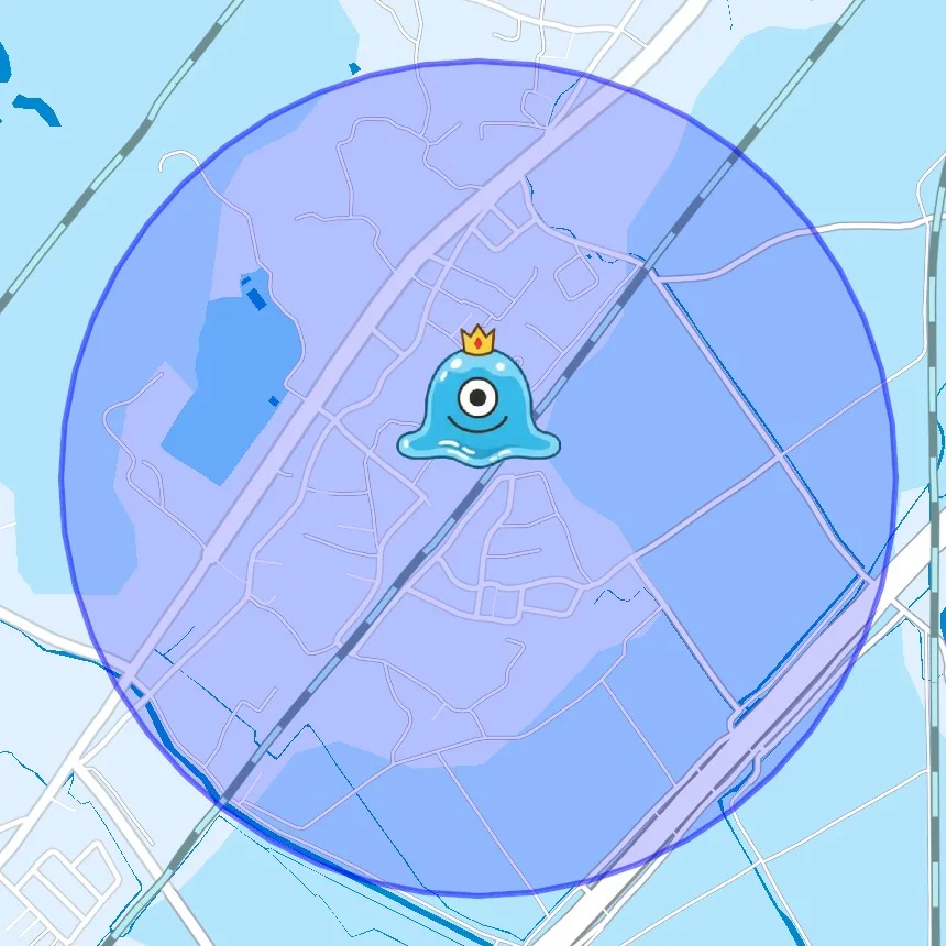 地図に置かれたマーカーと、そのまわりに広がるエリアの円