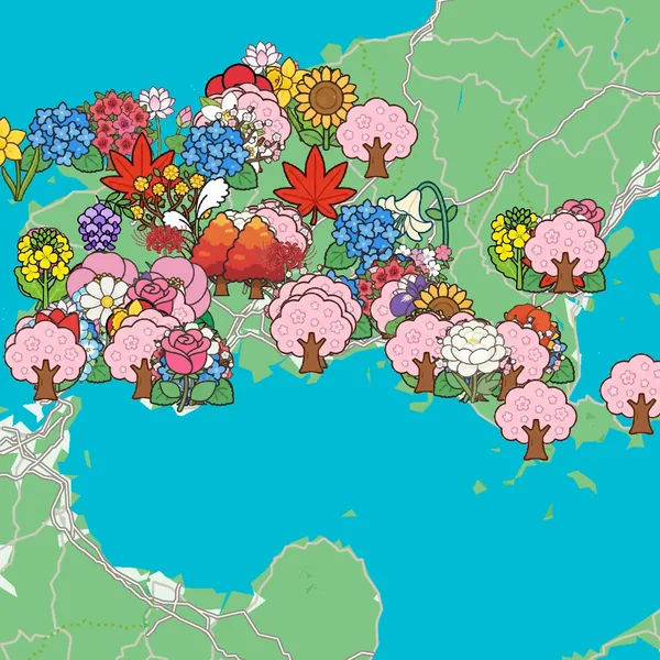 花のマーカーが並ぶ山口県の地図（やまぐち花ごよみ）