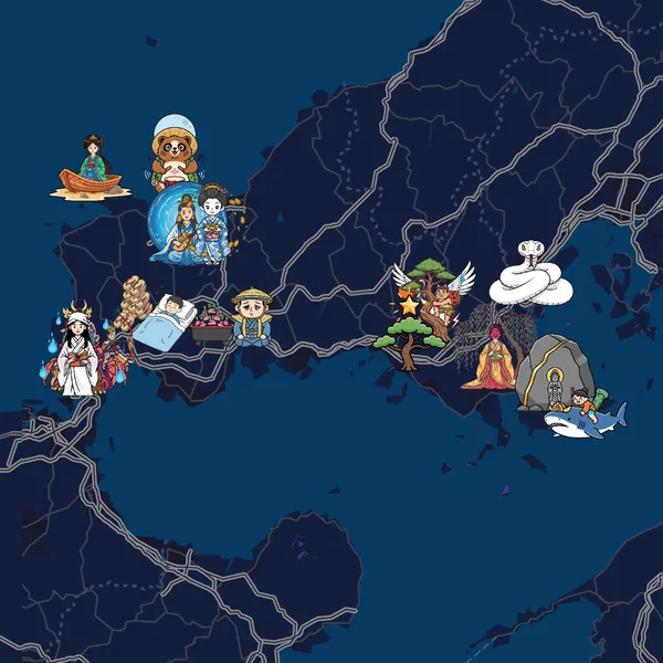 昔話の絵のマーカーが並ぶ夜の色の山口県の地図（やまぐち昔話）
