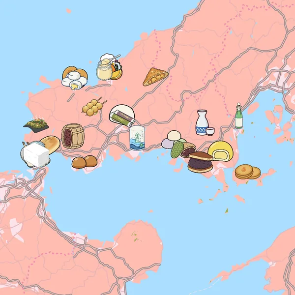 お土産の絵のマーカーが並ぶ山口県の地図（やまぐちお土産マップ）