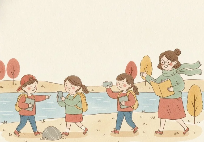課外学習で川辺を歩く子どもたちのイラスト