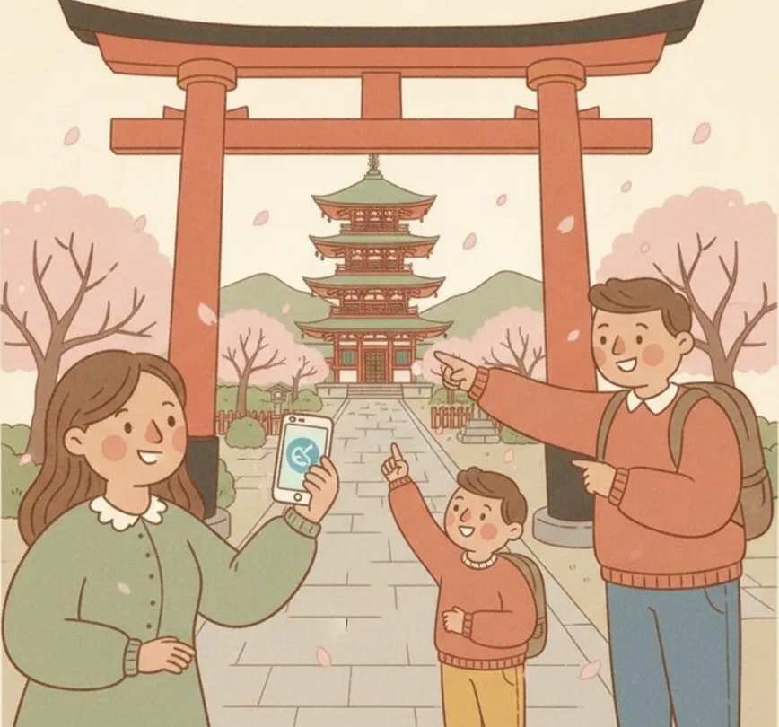観光地をめぐる人たちのイラスト