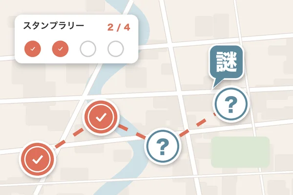 地図の上の点線の道すじに、スタンプの丸と「？」の丸が並び、謎の吹き出しとスタンプラリー 2/4 のカードがある（説明用のイラスト）