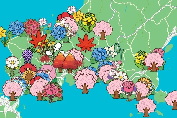山口県の地図に、桜・紅葉・あじさいなど花の絵のマーカーが並ぶ（やまぐち花ごよみ）